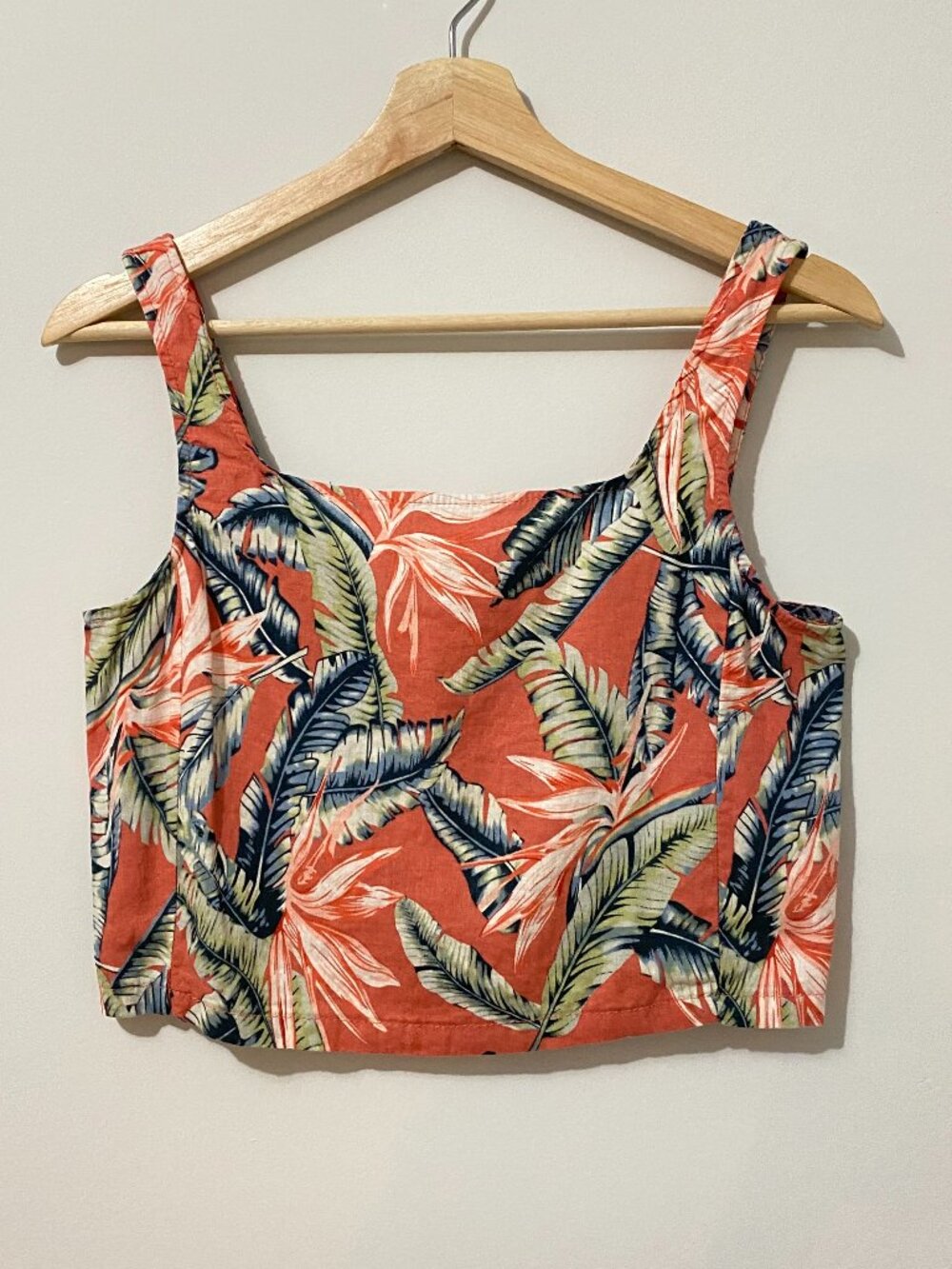 Christian Siriano Linen Blend Palm Print Cropped Tank Top Summer Vacation Resort